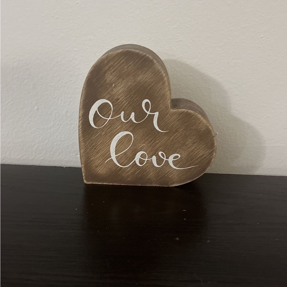 Heart-Shaped Wooden Decor with 'Our Love' Inscription